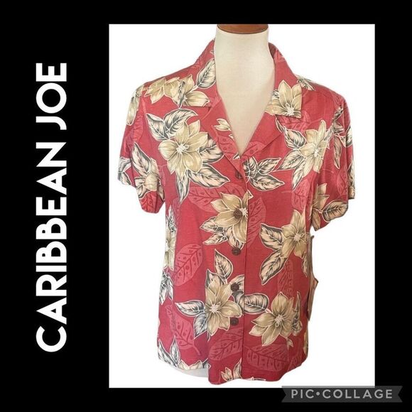 Caribbean Joe Short Sleeve Button Down Classic Mauve 100% Rayon Hawaiian Blouse - Picture 1 of 10